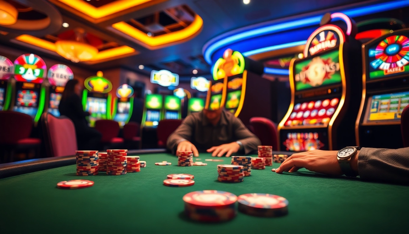 Permainan toto yang seru di meja poker dengan suasana kasino yang ramai.