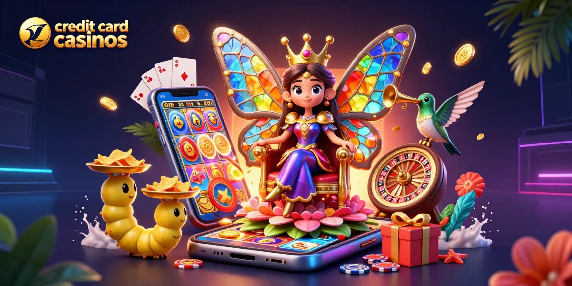 Engage with credit card casinos through a vibrant illustration featuring playful characters and iconic gaming elements.