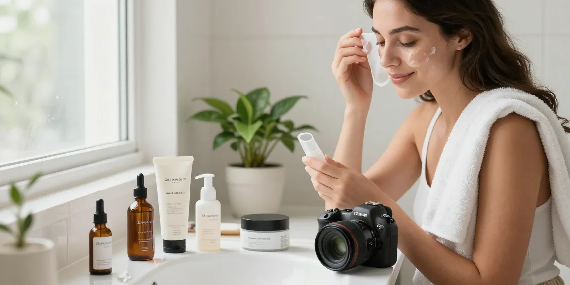 Aplicarea produselor de îngrijire a pielii într-o baie luminoasă, prezentând produsele GlamStoreBeauty pentru o experiență rejuvenantă.