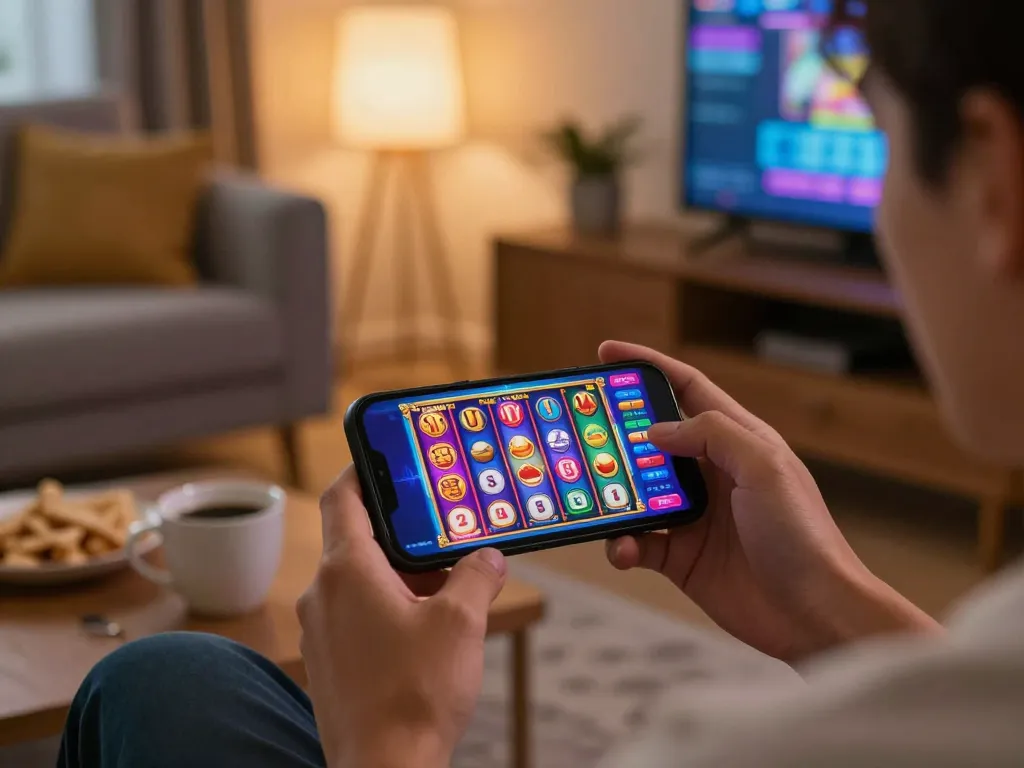 Engaging player using smartphone for link gacor slot game, showcasing home gaming excitement in cozy setting
