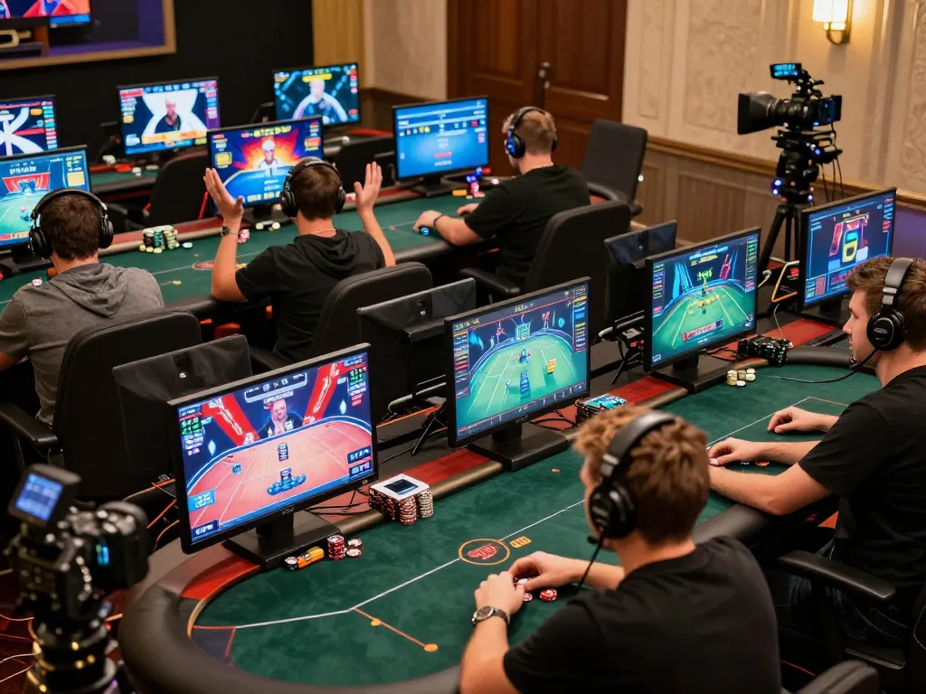 nhà cái 388bet players celebrating wins during online poker tournament with dynamic gaming setup