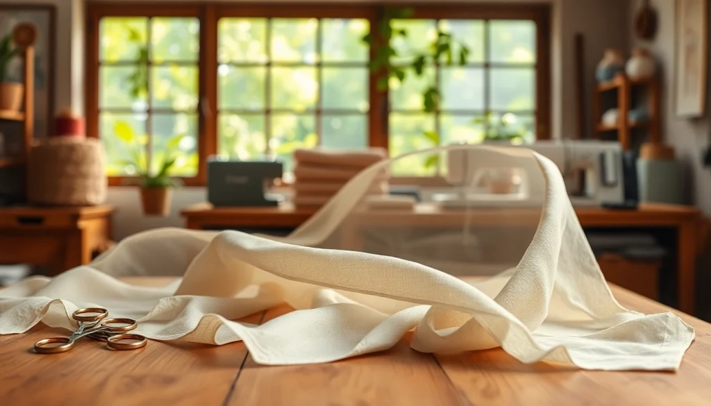 Mousseline stof met delicate vouwen en textuur op een houtentafel in een naaiatelier