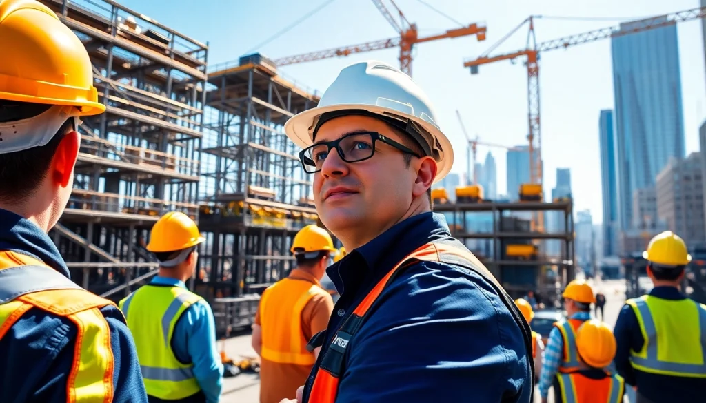 New York Construction Manager supervising an urban construction site with cranes and workers.