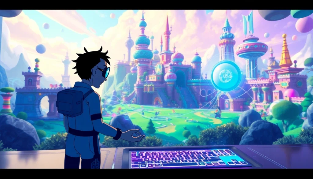 Visualizing Freedom X through an engaging character in a vibrant virtual landscape, representing creative AI game-making.