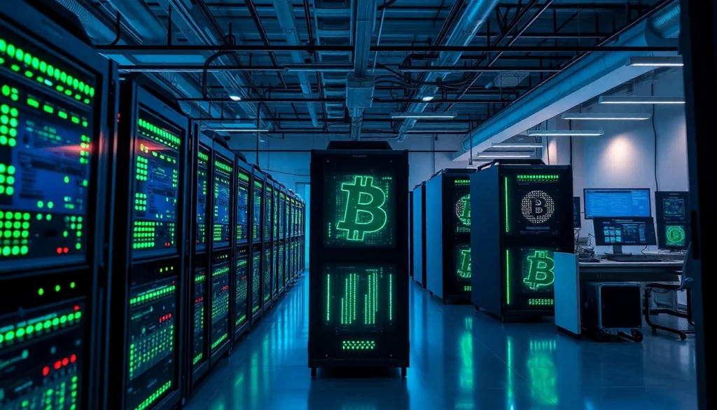 Bitcoin mining operation with advanced rigs and digital displays in a modern facility.