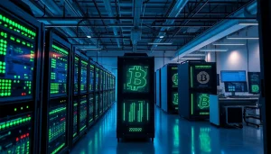 Bitcoin mining operation with advanced rigs and digital displays in a modern facility.