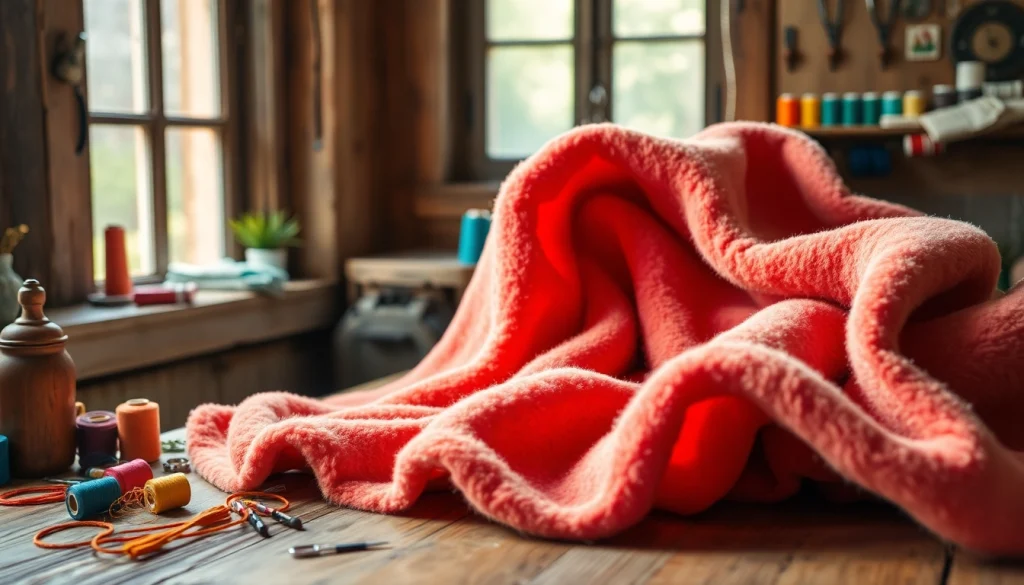 Fleece stof met heldere kleuren en naaigereedschap op een rustieke tafel.