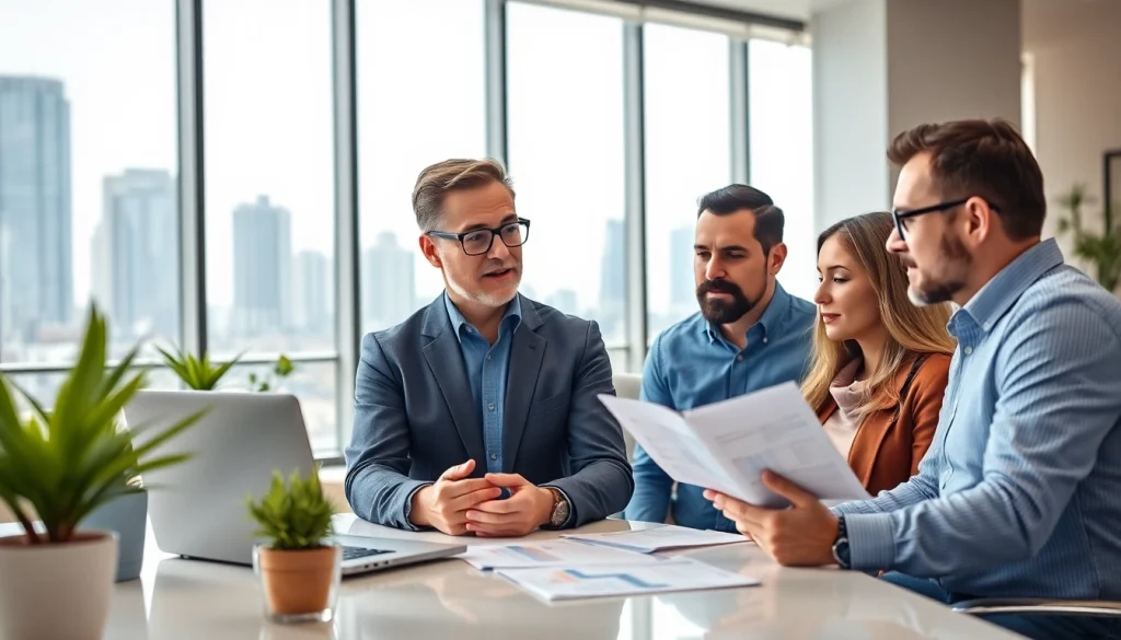 Engaged couple receiving expert advice from an independent wealth management firm San Antonio in a modern office setting.