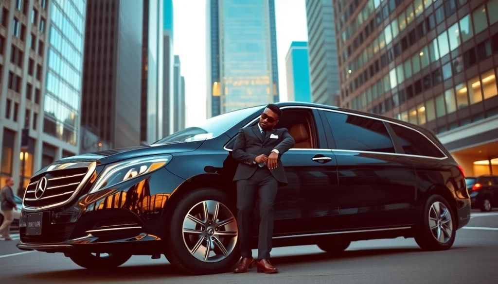 Chauffeur Hire featuring a professional chauffeur beside a luxury vehicle in a city setting.