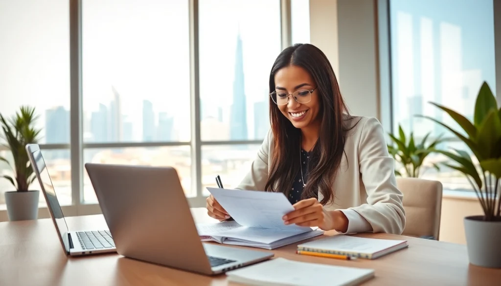 Apply for a Domestic Worker Visa Dubai in a cheerful, organized office setting.