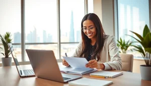 Apply for a Domestic Worker Visa Dubai in a cheerful, organized office setting.