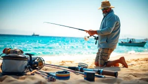 A fisherman sets up fishing gear for Cabo on a sunny beach, highlighting fishing rods and tackle.