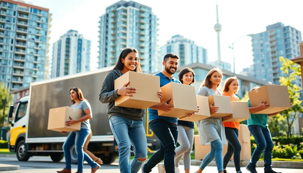 Toronto movers assisting a family during a relocation in the bustling city environment.