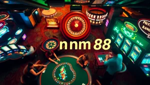 Players engaging with vibrant mm 88 slot machines and poker tables in a lively casino.