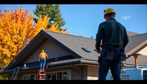 Installers providing high-quality roofing solutions on a beautiful house in a suburban area.