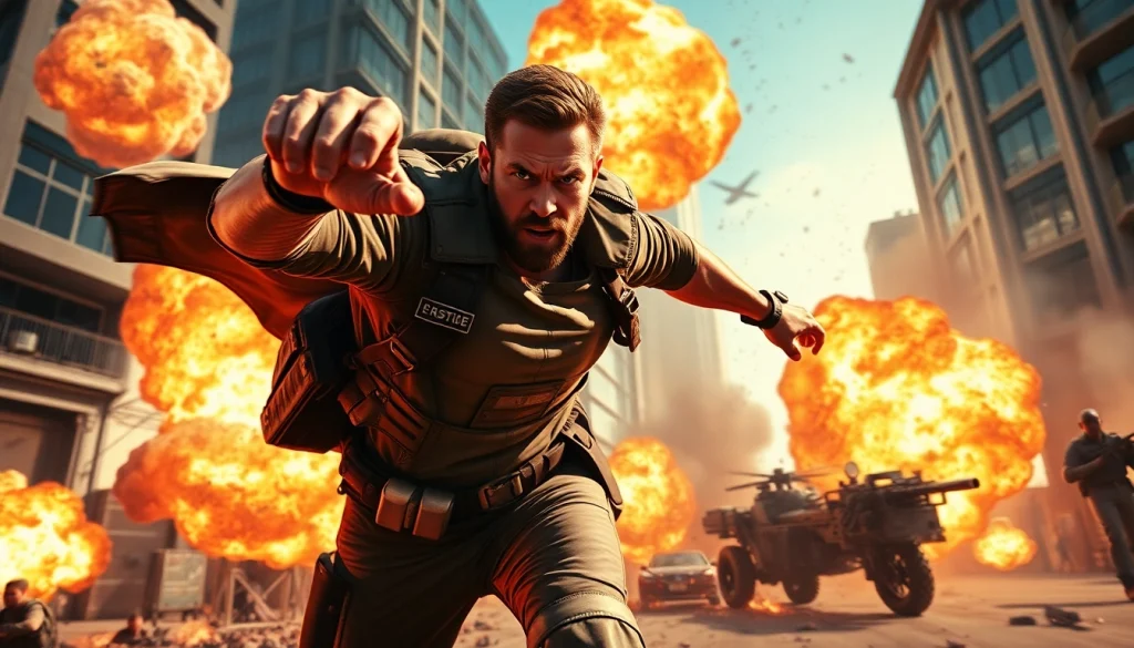 Action-packed scene from Bayside Boom featuring a heroic figure amidst chaos.