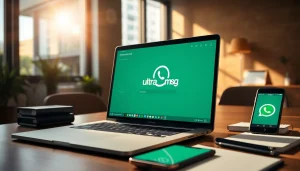 Send messages through the ultramsg platform showcased on a modern laptop in a bright office setting.