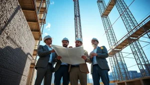 Manhattan Commercial General Contractor team collaborating on construction plans at a skyscraper.