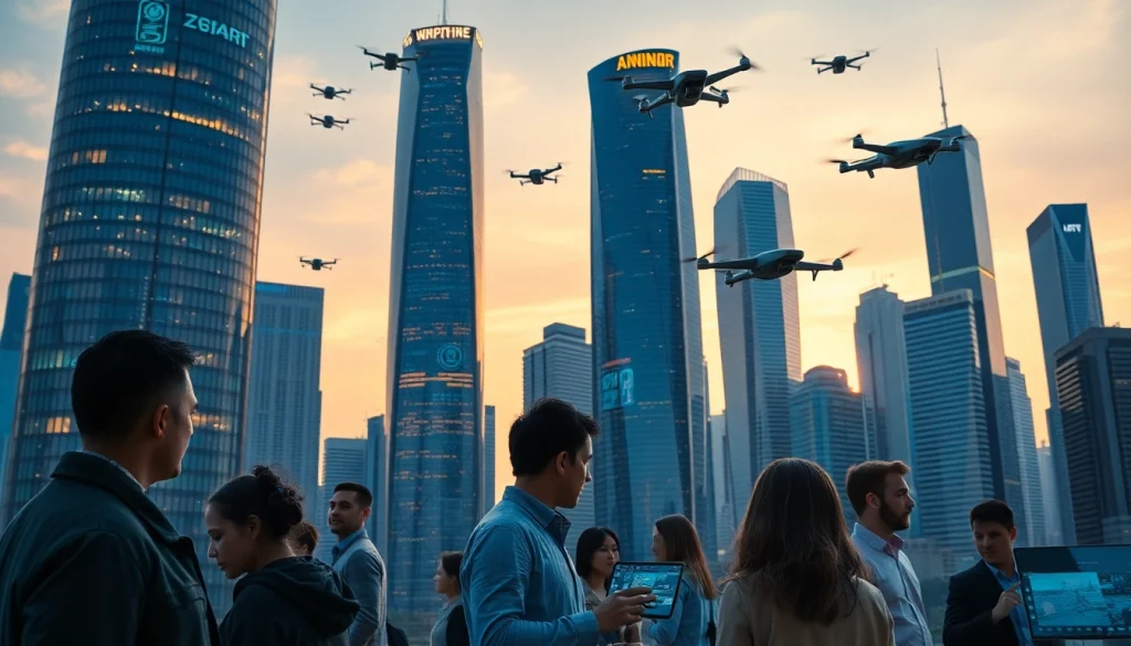 Showcase of innovative Technology in a futuristic urban environment with professionals engaged.