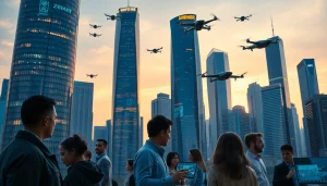 Showcase of innovative Technology in a futuristic urban environment with professionals engaged.