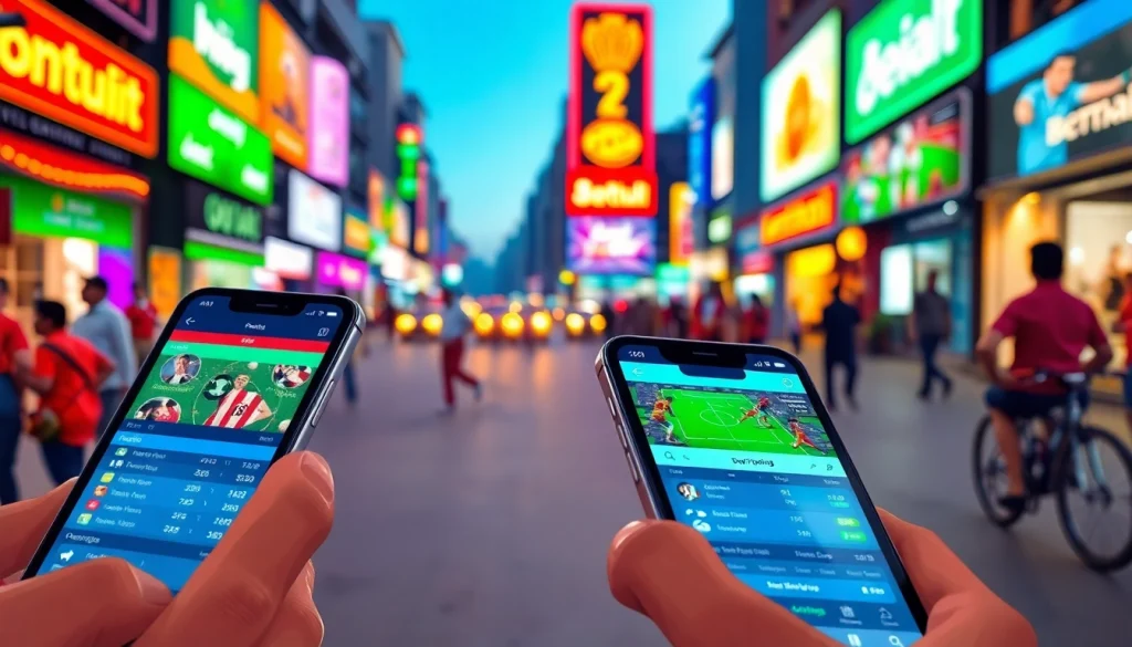 Engaging view of best sports betting sites India with modern betting interfaces and dynamic urban background.