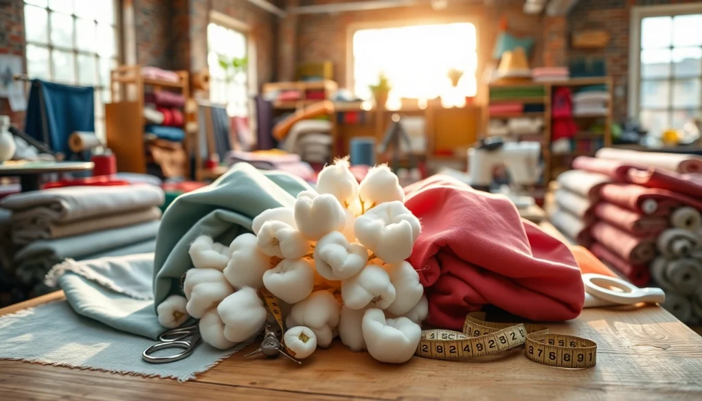 Ontdek ongebleekt katoen in een professionele textielwerkplaats met diverse stoffen.