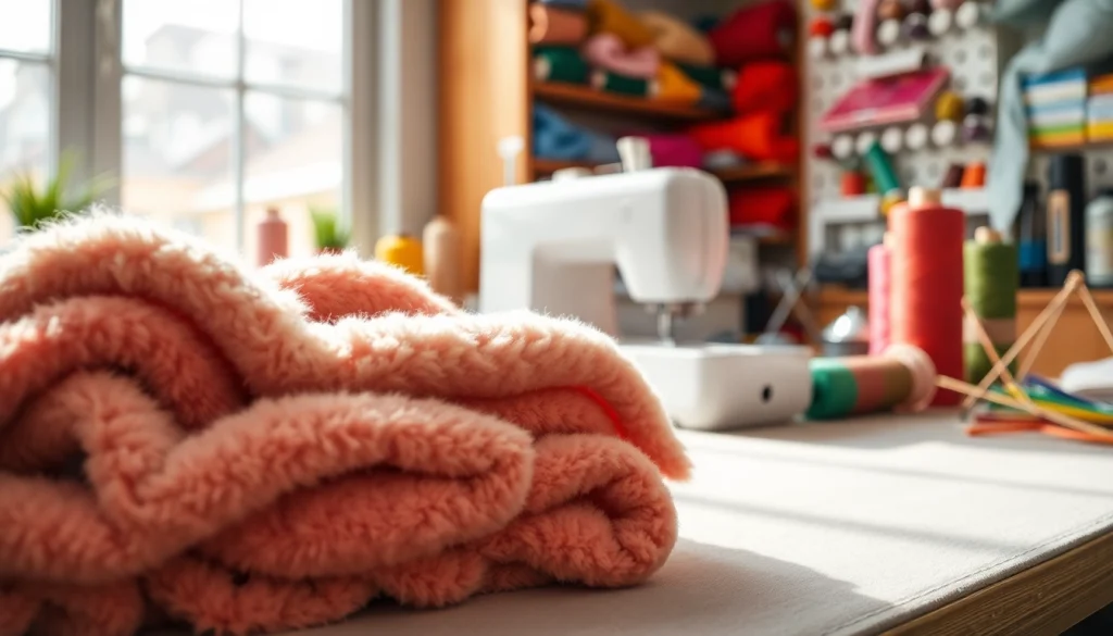 Fleece stof met levendige garens op een naaitafel, ideaal voor handwerk.