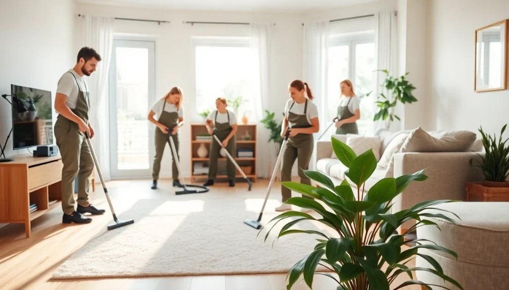 Team performs a thorough cleaning service inside a well-lit, inviting living room.