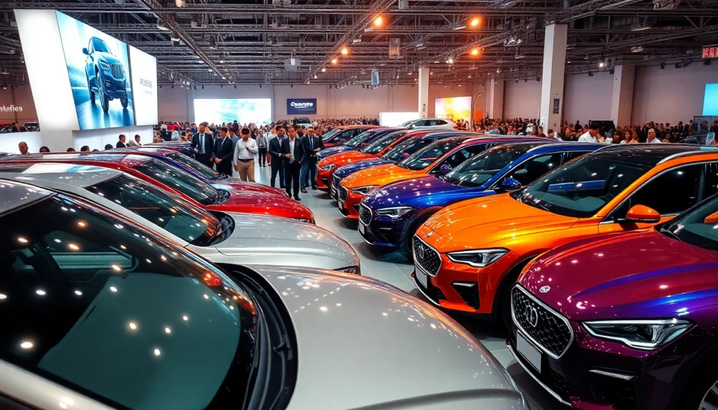 Witness the excitement at an Auto Cars Show featuring stylish vehicles and enthusiastic visitors.