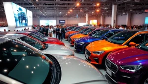 Witness the excitement at an Auto Cars Show featuring stylish vehicles and enthusiastic visitors.