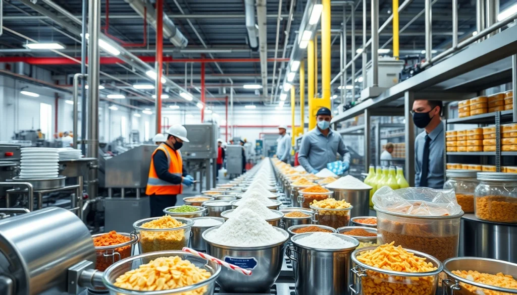 Fabbrica di dolcificanti con operai in azione durante il processo produttivo.