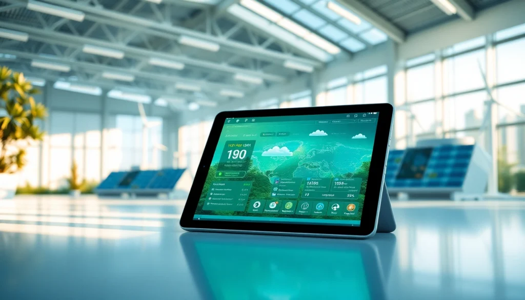 Visual representation of a cloud mining app interface amid renewable energy sources, showcasing innovation and sustainability.