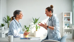 Enhance Physical Therapy Marketing by showcasing a therapist engaging with patients in a bright clinic.