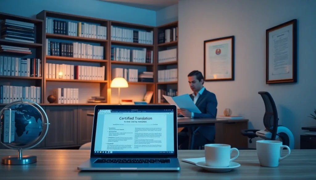 Sworn translator working diligently in a professional office setting, surrounded by legal documents and certificates.