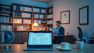 Sworn translator working diligently in a professional office setting, surrounded by legal documents and certificates.