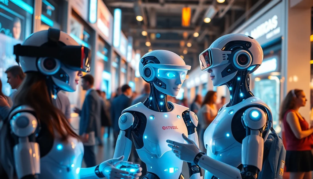 AI sex companions engaging with people in a futuristic urban setting, showcasing emotional connections.