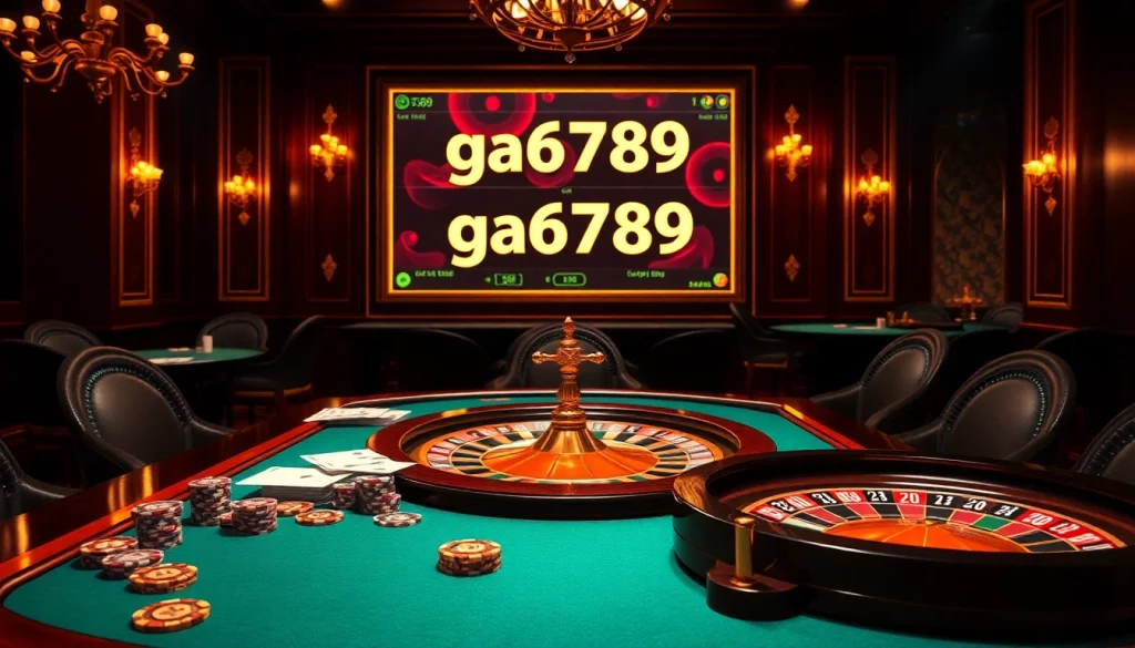 High-stakes poker at ga6789, showcasing luxurious gambling setups and vibrant roulette wheels.