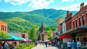 Enjoying local food at a Clarksburg street fair with historical buildings and vibrant communities.