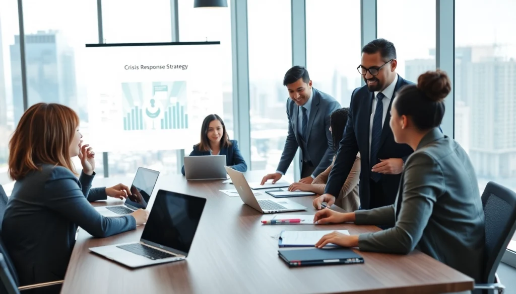 Crisis management consultant collaborating with a team to develop strategic solutions.