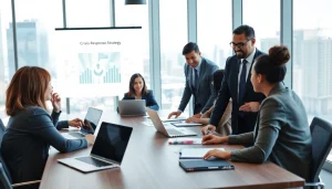 Crisis management consultant collaborating with a team to develop strategic solutions.