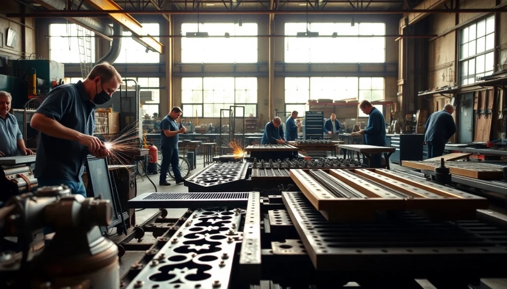 Artisans engaged in custom steel fabrication inside a well-lit workshop highlighting craftsmanship.