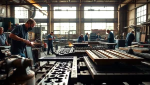 Artisans engaged in custom steel fabrication inside a well-lit workshop highlighting craftsmanship.