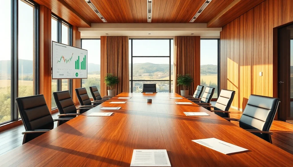 Rappresentazione visiva di un ambiente d'ufficio sofisticato per l'acquisto di un'azienda italiana, con architettura italiana e professionisti del mondo degli affari.