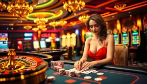 Gambling action at MM88.team with players enjoying poker and high-stakes games in a luxurious casino.