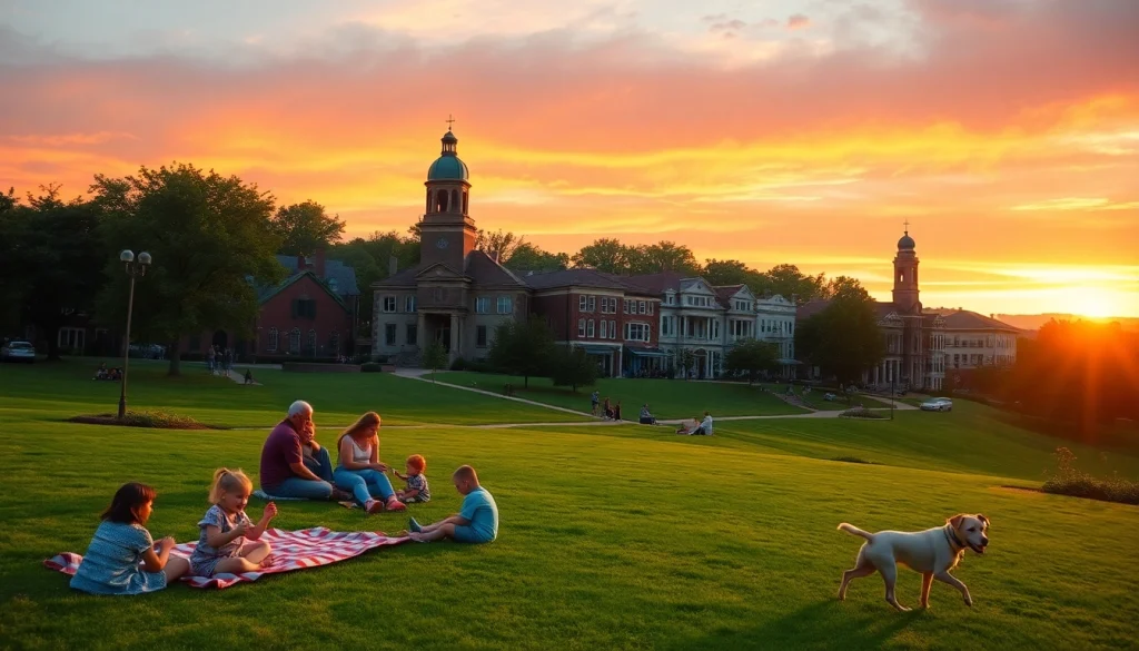Families enjoying a picnic in Clarksburg against a vibrant sunset backdrop.