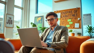 Engaging in Job Search using a laptop in a bright, motivating office environment.