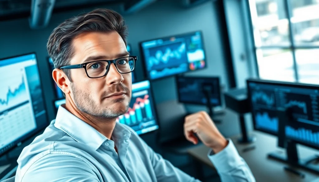 Analyst using competitive intelligence tools in a modern office, focusing on data analysis.