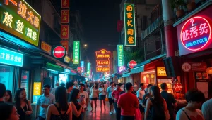 Vibrant 호치민밤문화 nightlife scene with lively bars and diverse crowd.