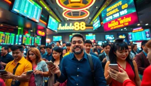 Hello88 vibrant online gambling scene showcasing diverse bettors excitedly engaging with digital platforms.