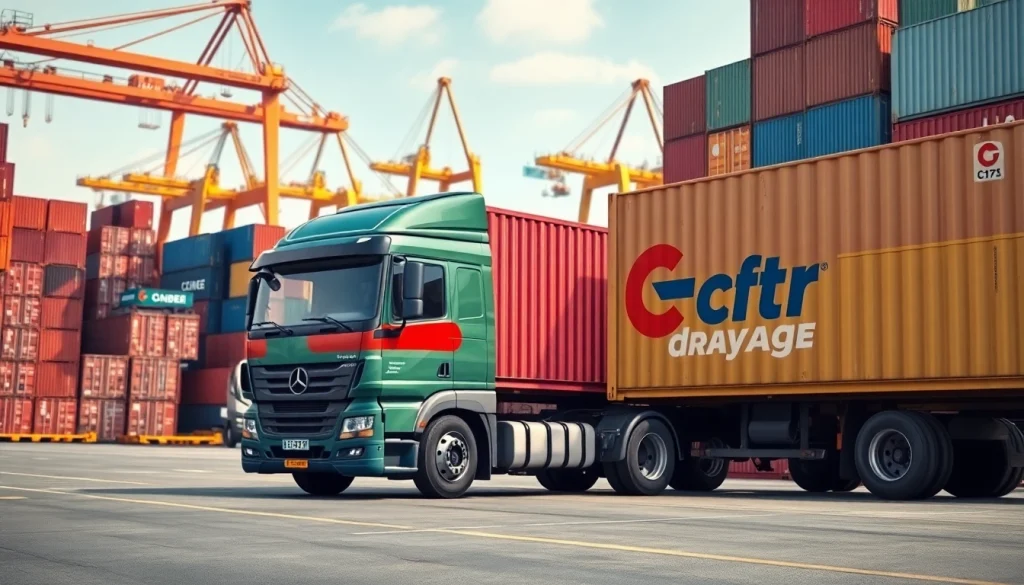 Drayage truck transporting a shipping container at a busy port, illustrating efficient logistics.